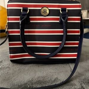 Tommy Hilfiger Black and Red Striped Crossbody Bag